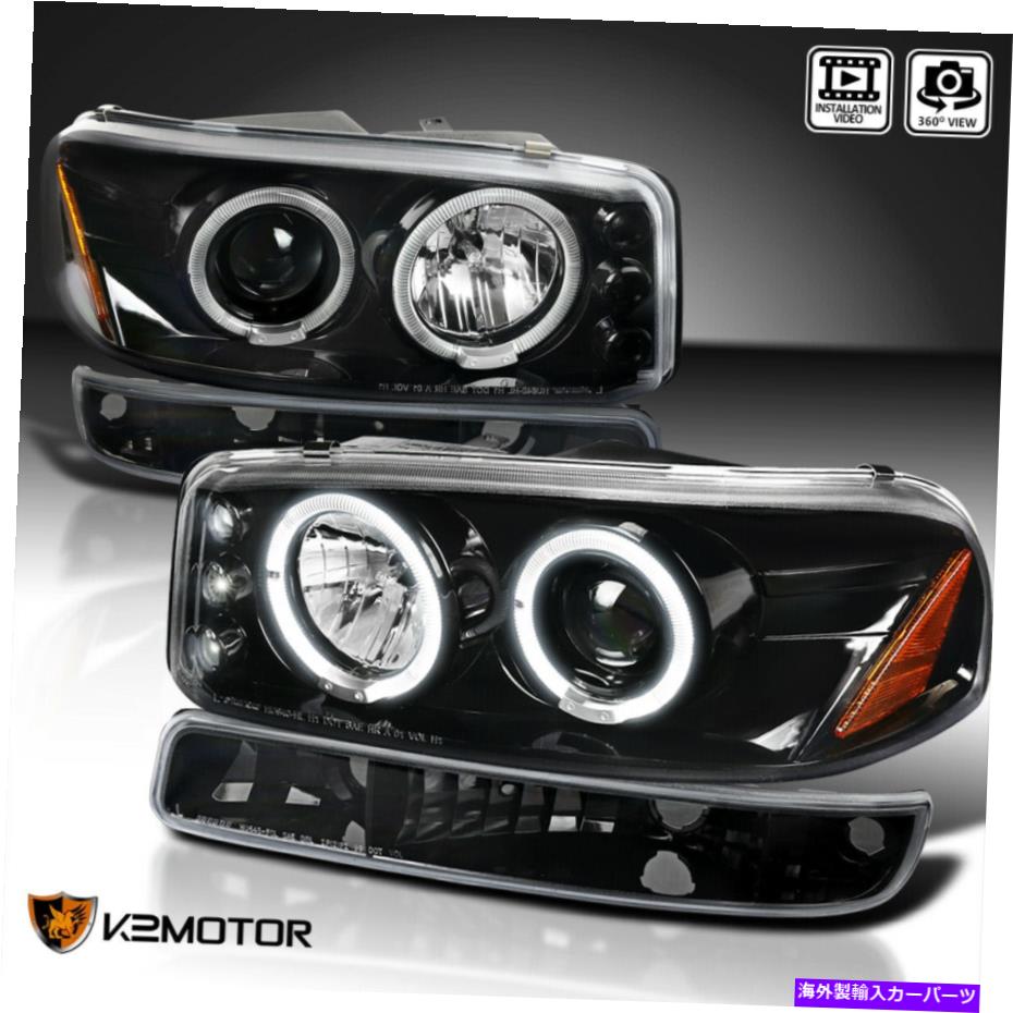 USヘッドライト Jet Black 2000-2006 GMC Yukon Haloプロジェクターヘッドライト+パーキングバンパーランプ For Jet Black 2000-2006 GMC Yukon Halo Projector Headlights+Parking Bumper Lamps【並行輸入品】