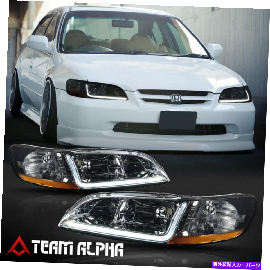 USヘッドライト 1998-2002ホンダアコード{LED L-BAR DRL}クロム/スモークアンバーコーナーヘッドライト Fits 1998-2002 Honda Accord {LED L-BAR DRL} Chrome/Smoke Amber Corner Headlight【並行輸入品】