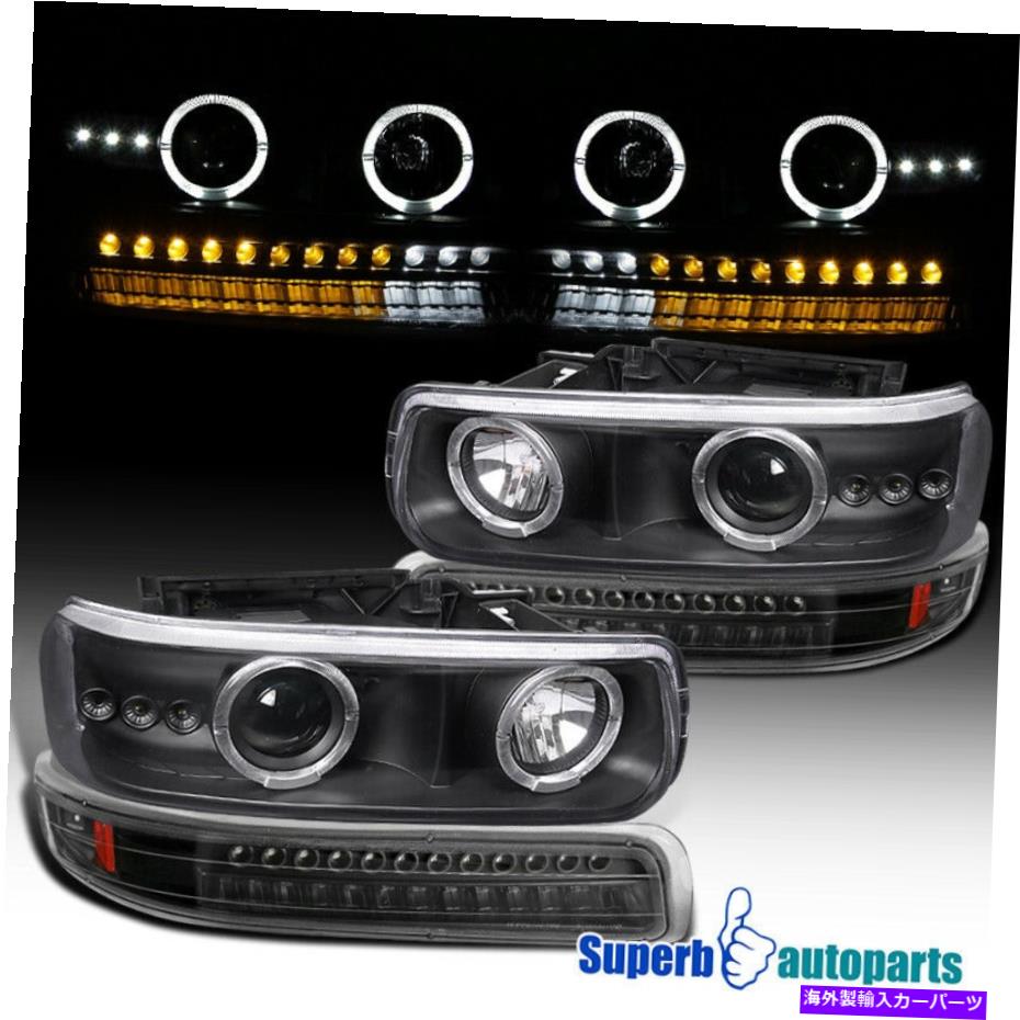 USヘッドライト 99-02 Silveradoブラックデュアルハロープロジェクターヘッドライト+ LEDバンパーライトランプ For 99-02 Silverado Black Dual Halo Projector Headlights+LED Bumper Lights Lamps【並行輸入品】