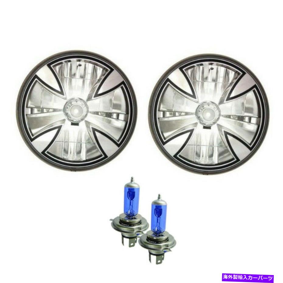 USヘッドライト 7インチラウンドアイアンクロスコンバージョンヘッドライトハロゲンH4電球セット 7 Inch Round Iron Cross Conversion Headlights Halogen H4 Bulb Set【並行輸入品】