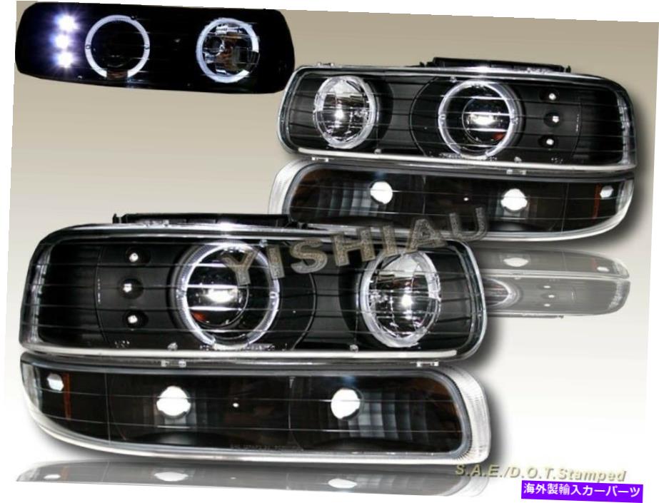 USヘッドライト Chevy Silverado 99-02 Twin Halo LEDブラックヘッドライト+バンパーライト Chevy Silverado 99-02 Twin Halo LED Black Headlights+Bumper Lights【並行輸入品】