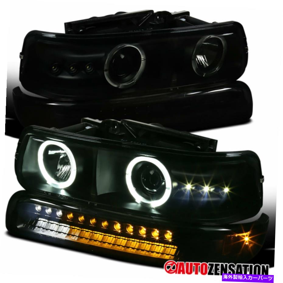 USヘッドライト 99-02 Silverado 00-06タホブラックスモークハロプロジェクターヘッドライト+ LEDバンパー For 99-02 Silverado 00-06 Tahoe Black Smoke Halo Projector Headlights+LED Bumper【並行輸入品】