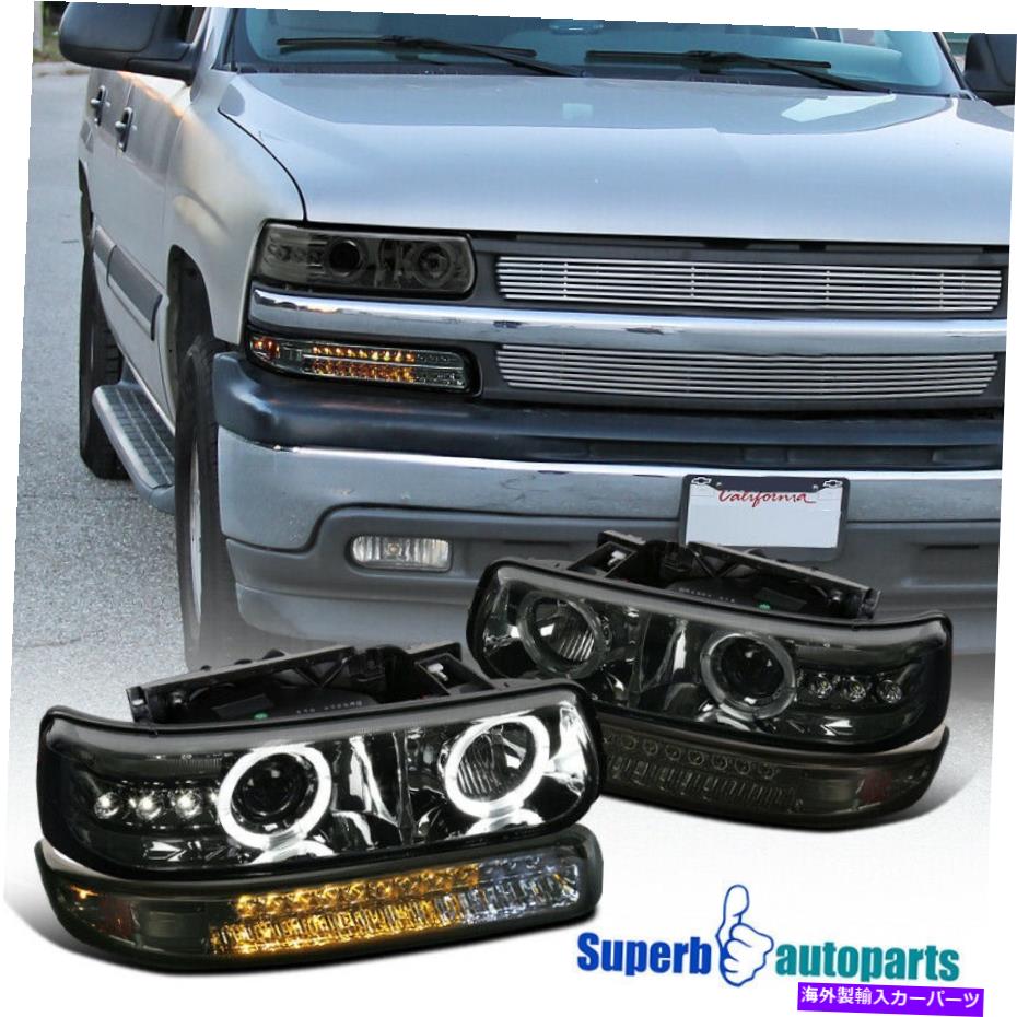 USヘッドライト 99-02 Silverado LED Haloプロジェクターヘッドライトスモーク+ LEDバンパーランプを煙吸います For 99-02 Silverado LED Halo Projector Headlights Smoke+LED Bumper Lamps Smoke【並行輸入品】