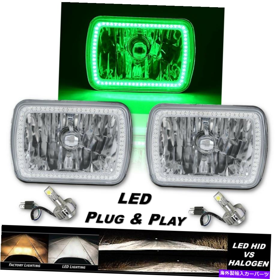 USヘッドライト 7x6グリーンSMDハローガラスメタルヘッドライト24W白LED電球ヘッドランプペア 7X6 Green SMD Halo Glass Metal Headlight 24w White LED Light Bulb Headlamp Pair【並行輸入品】