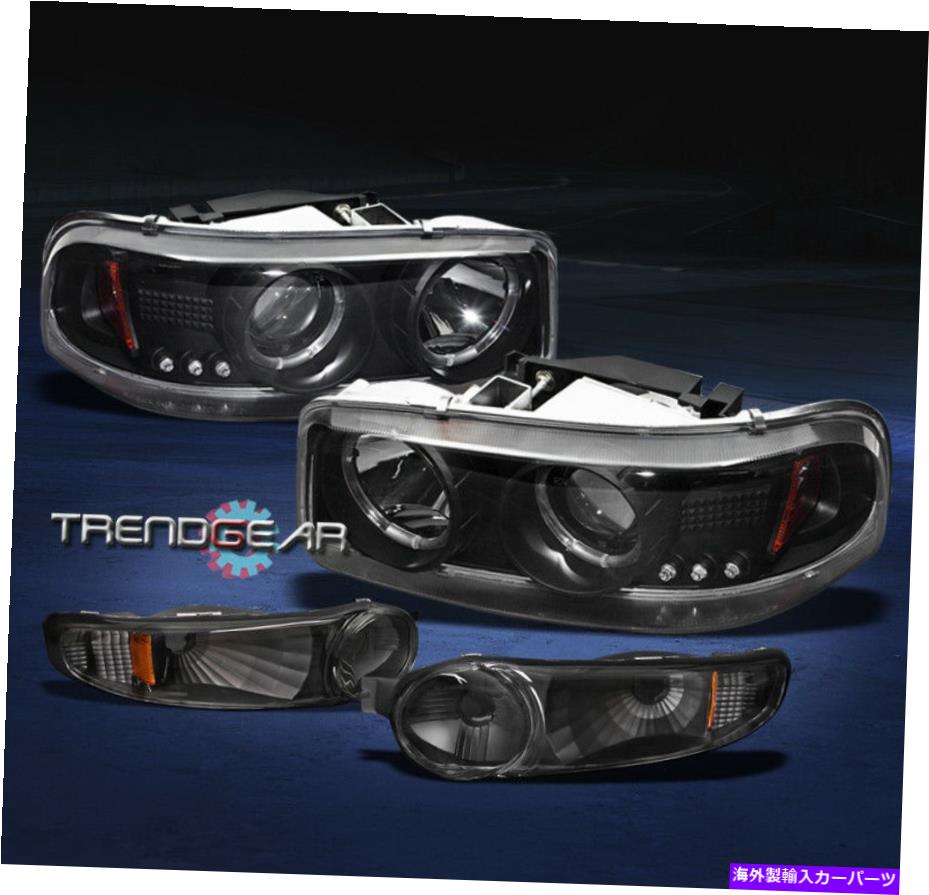 USヘッドライト 2001-2006 Yukon Sierra Denali Halo LEDプロジェクターヘッドライト+バンパー信号ブラック 2001-2006 YUKON SIERRA DENALI HALO LED PROJECTOR HEAD LIGHTS+BUMPER SIGNAL BLACK【並行輸入品】