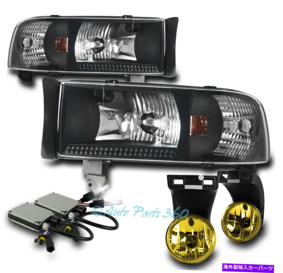 USヘッドライト 94-01ラムピックアップブラッククリスタルヘッドライトW /イエローバンパーフォグランプ+ 6K HID FOR 94-01 RAM PICKUP BLACK CRYSTAL HEAD LIGHTS W/YELLOW BUMPER FOG LAMP+6K HID【並行輸入品】