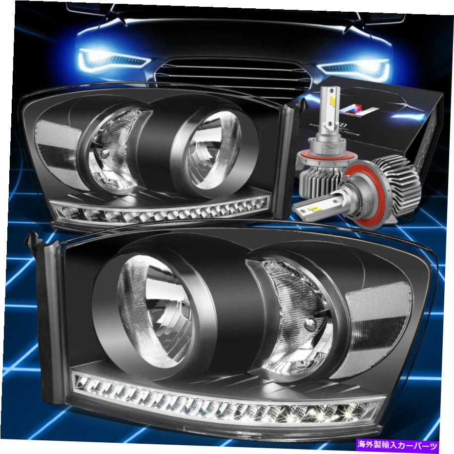 USヘッドライト フィット2006-2008ドッジRAMトラックDRL信号ヘッドライトW / LEDキットスリムスタイルブラック Fit 2006-2008 Dodge Ram Truck DRL Signal Headlights W/LED Kit Slim Style Black【並行輸入品】