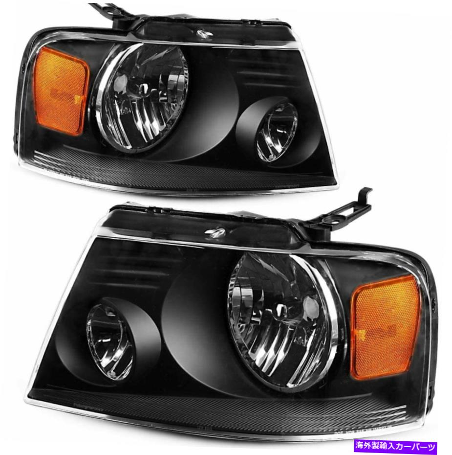 USヘッドライト 04-08フォードF 150リンカーンマークブラックハウジングヘッドライト+アンバーコーナーRH + LH For 04-08 Ford F 150 Lincoln Mark Black Housing HeadLights + Amber Corner RH+LH【並行輸入品】