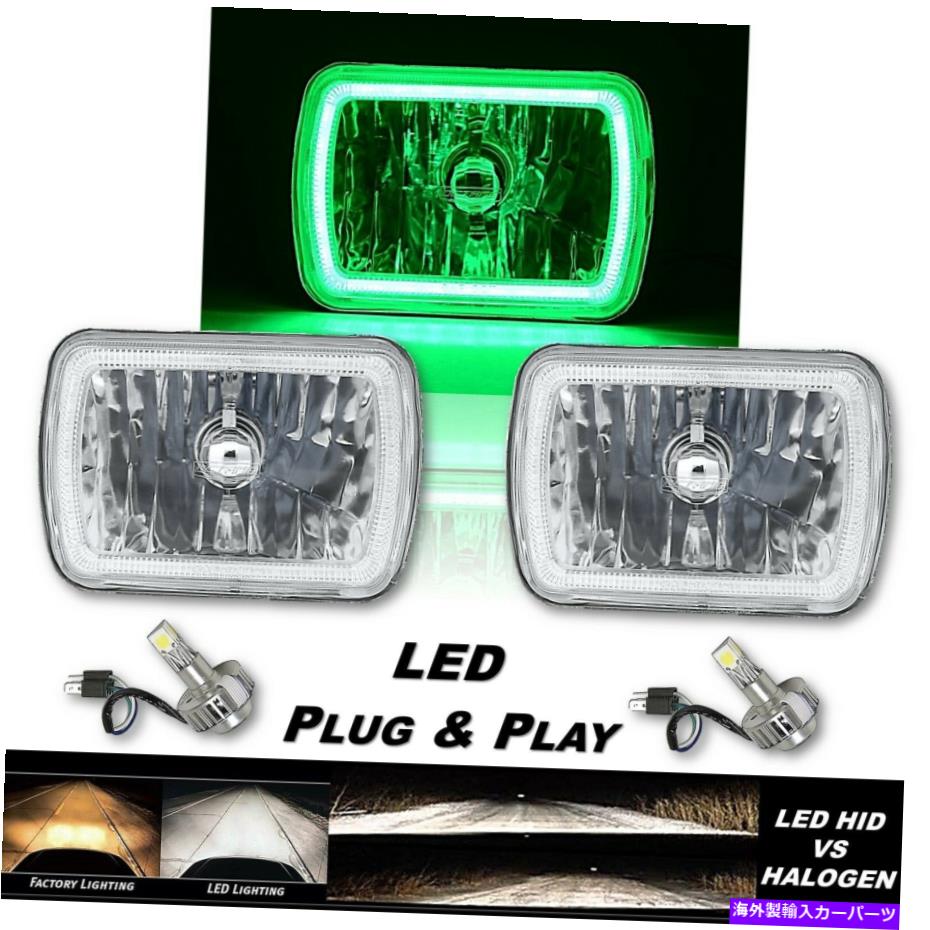 USヘッドライト 7×6プラズマグリーン穂軸ハロガラス/金属ヘッドライト24W LED電球ヘッドランプペア 7X6 Plasma Green COB Halo Glass/Metal Headlight 24w LED Light Bulb Headlamp Pair【並行輸入品】