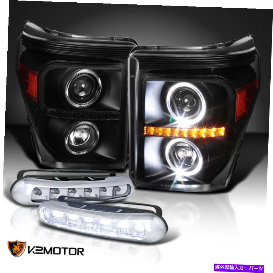 USヘッドライト Black 2011-2016 FORD SUPERDUTY LED Haloプロジェクターヘッドライト+ 3W 6LEDフォグランプ Black 2011-2016 Fit Ford SuperDuty LED Halo Projector Headlight+3W 6LED Fog Lamp【並行輸入品】