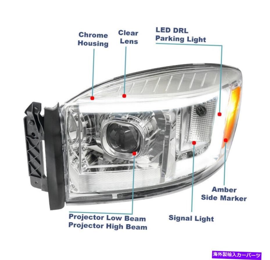USヘッドライト 2006-2008のDodge RAM 1500 2500 3500 LEDチューブプロジェクターヘッドライトランプクロム For 2006-2008 Dodge Ram 1500 2500 3500 LED Tube Projector Headlights Lamp Chrome【並行輸入品】