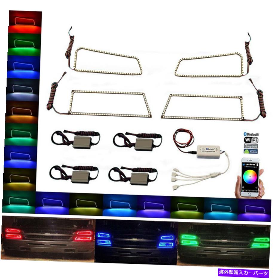 USヘッドライト 03-06 Chevy SilveradoマルチカラーLED RGBヘッドライトハローリングブルートゥースセット 03-06 Chevy Silverado Multi-Color LED RGB Headlight Halo Ring BLUETOOTH Set【並行輸入品】