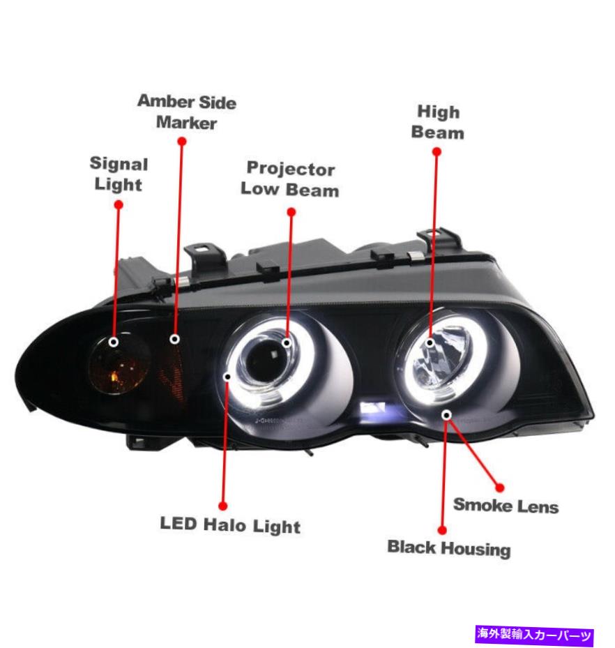 USヘッドライト 99-01 BMW E46 4DR LEDハローブラック/スモークプロジェクターヘッドライトW / BLUE DRL信号 For 99-01 BMW E46 4dr LED Halo Black/Smoke Projector Headlight w/Blue DRL Signal【並行輸入品】
