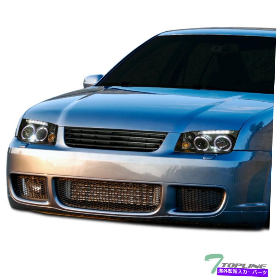 USヘッドライト 99-05 Jetta Blk Halo LEDプロジェクターのヘッドライト+霧+ホリールグリルマット Topline For 99-05 Jetta Blk Halo LED Projector Headlights+Fog+Horiz Grille Matte【並行輸入品】