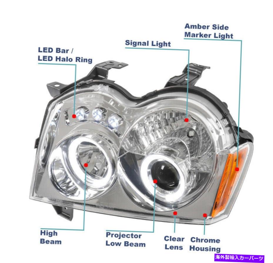 USヘッドライト 2005年2006年2007年ジープグランドチェロキーLED Haloプロジェクターヘッドライトランプクロム For 2005 2006 2007 Jeep Grand Cherokee LED Halo Projector Headlights Lamp Chrome【並行輸入品】