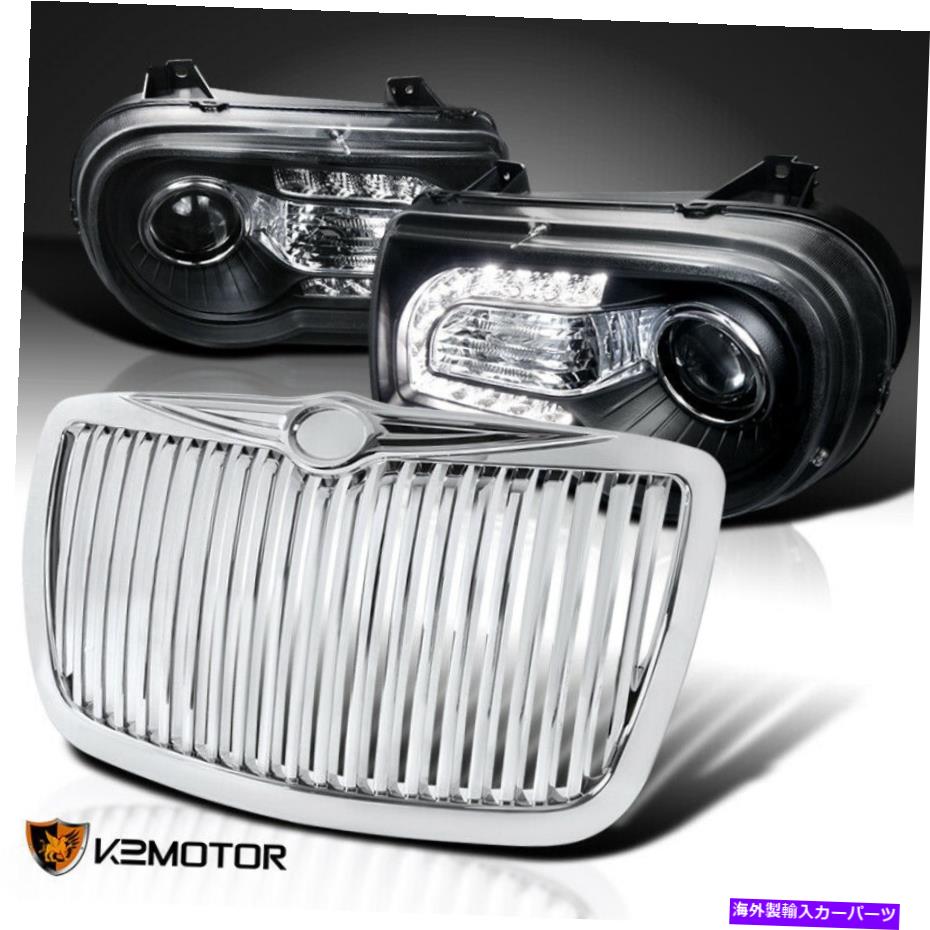 USヘッドライト 2005-2010 Chrysler 300CブラックLED DRLプロジェクターヘッドライト+クロームフードグリル For 2005-2010 Chrysler 300C Black LED DRL Projector Headlights+Chrome Hood Grill【並行輸入品】