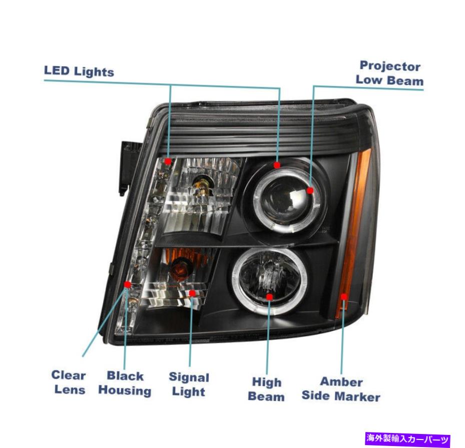 USヘッドライト 2003年から2006年のキャデラックエスカレードESV EXT Halo LEDプロジェクターヘッドライトランプブラック For 2003-2006 Cadillac Escalade ESV EXT Halo LED Projector Headlight Lamp Black【並行輸入品】