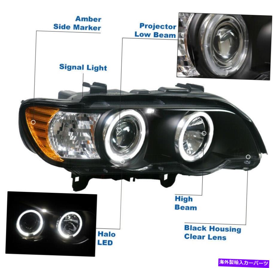 USヘッドライト 2000-2003 BMW E53 X5 LED HaloブラックプロジェクターヘッドライトW / Blue DRLランプセット For 2000-2003 BMW E53 X5 LED Halo Black Projector Headlights w/Blue DRL Lamp Set【並行輸入品】