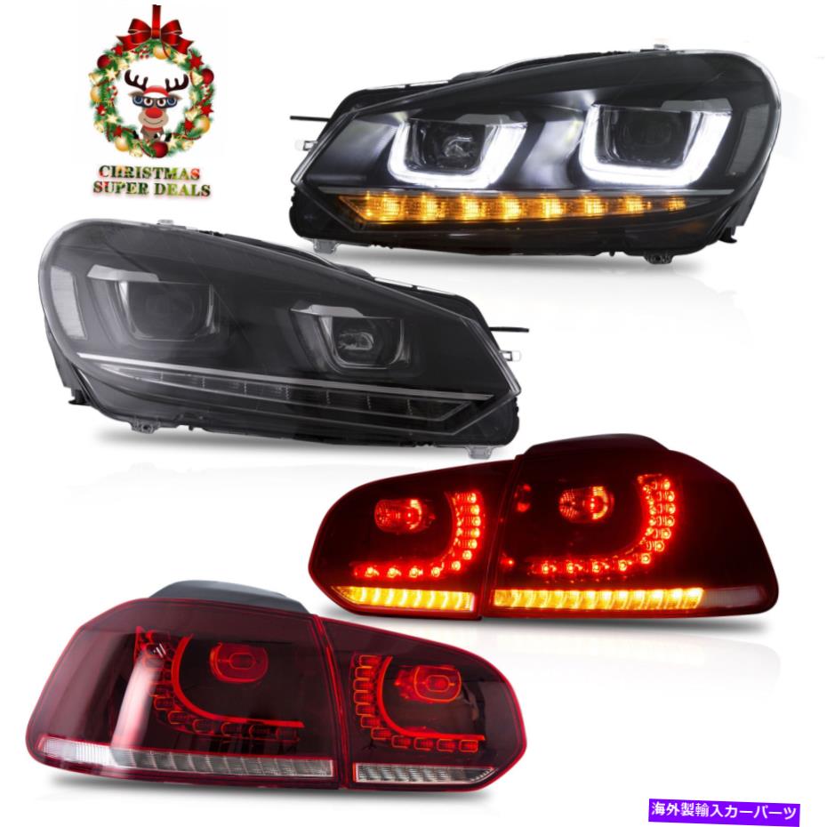 USテールライト 10-13ゴルフMK6 12-13ゴルフRのためのLEDヘッドライト+赤クリアテールライト LED Headlights + RED CLEAR Tail Lights for 10-13 Golf MK6 12-13 Golf R【並行輸入品】