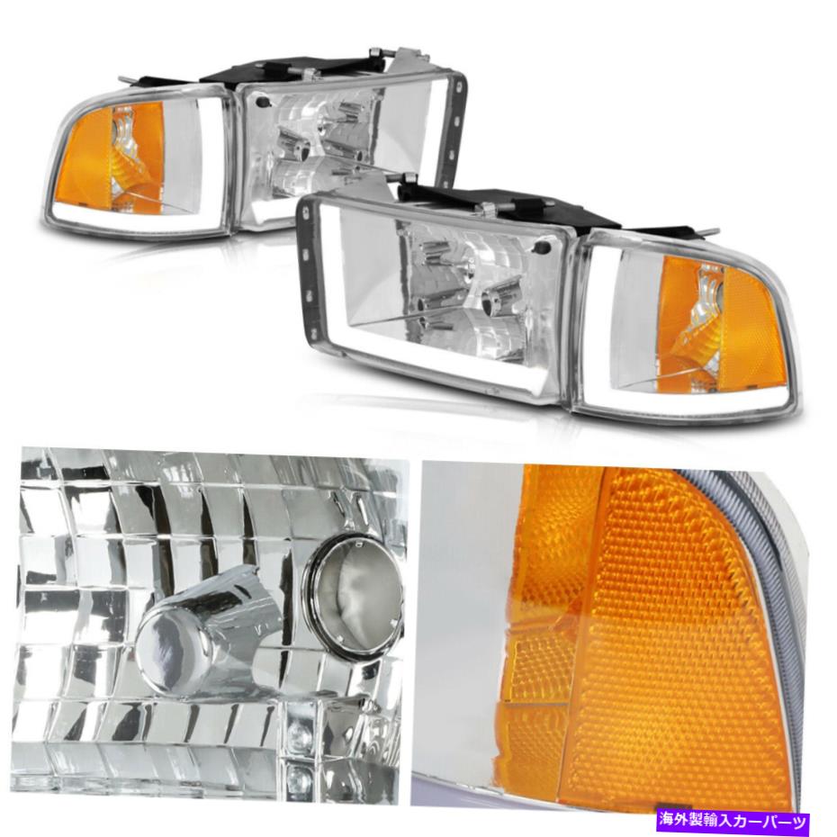 USヘッドライト （デュアルLED DRL）クロームハウジングヘッドライト94-02ドッジRAM用アンバーコーナーランプ (DUAL LED DRL) Chrome Housing Headlights Amber Corner Lamps for 94-02 Dodge Ram【並行輸入品】