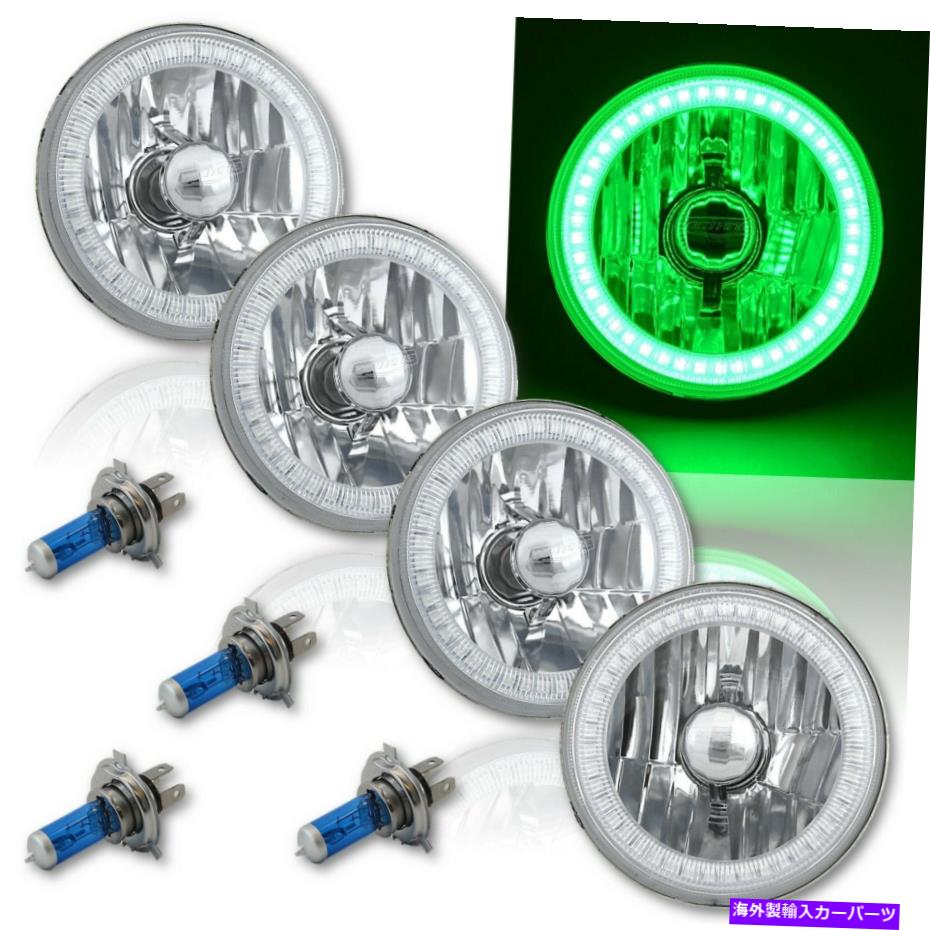 USヘッドライト 5-3 / 4 SMD緑LED天使の目のハロークリスタルクリアヘッドライトハロゲン電球セット4 5-3/4 SMD Green LED Angel Eye Halo Crystal Clear Headlight Halogen Bulb Set of 4【並行輸入品】