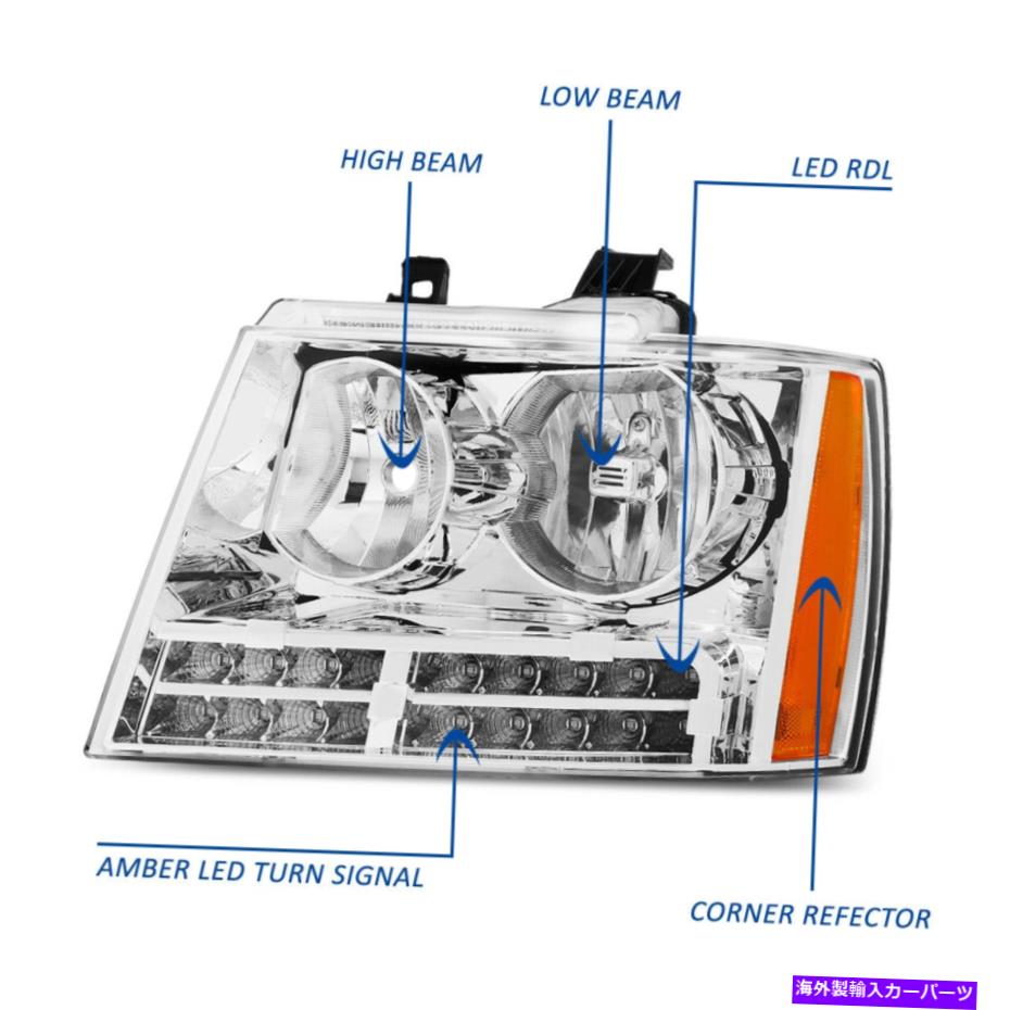 USヘッドライト 07~14アバランシェタホ郊外LED DRL +信号ヘッドライトランプクローム/アンバー For 07-14 Avalanche Tahoe Suburban LED DRL+Signal Headlight Lamps Chrome/Amber【並行輸入品】