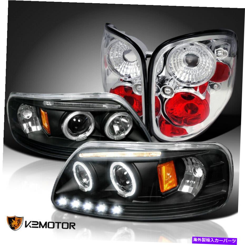 USヘッドライト FIT 1997-2004 F150 FLARESIDE BLACK HALOプロジェクターヘッドライト+クリアテールランプ Fit 1997-2004 F150 Flareside Black Halo Projector Headlights+Clear Tail Lamps【並行輸入品】