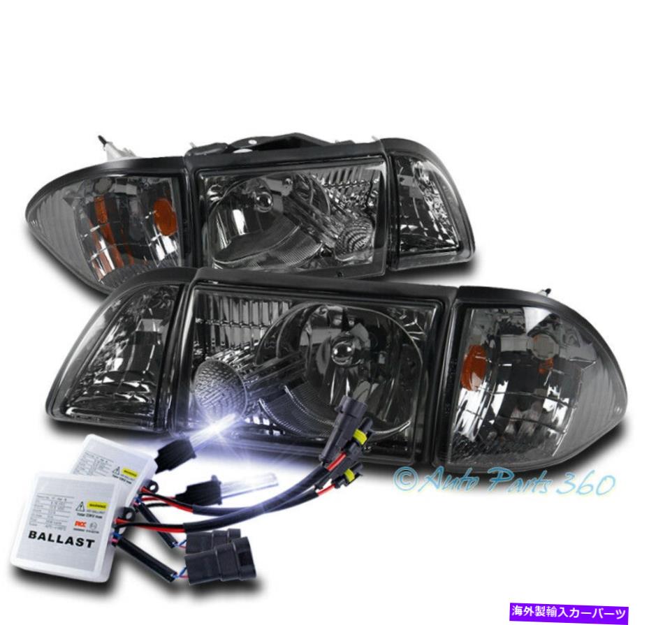 USヘッドライト 87-93フォードマスタングスモークヘッドライトヘッドランプW /アンバーコーナー+パーキング+ 10K HID FOR 87-93 FORD MUSTANG SMOKE HEADLIGHTS HEADLAMPS W/AMBER CORNER+PARKING+10K HID【並行輸入品】