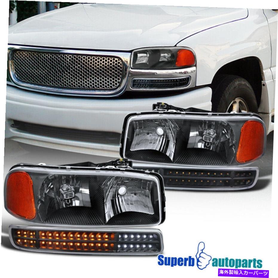 USヘッドライト 2001-2006 GMC Sierra Yukon 1500 2500ブラックヘッドライト+ LED順次信号 For 2001-2006 GMC Sierra Yukon 1500 2500 Black Headlights+LED Sequential Signal【並行輸入品】