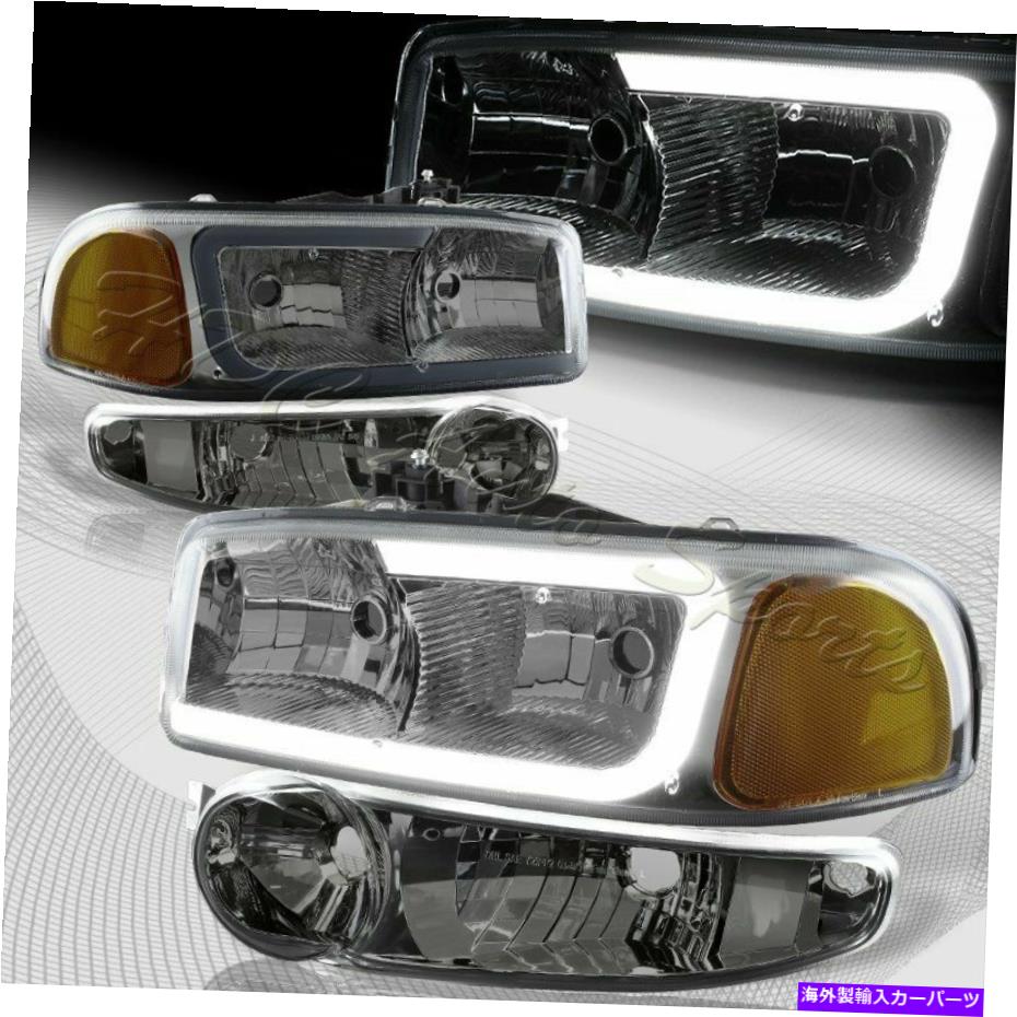 USヘッドライト 2002-2007 GMC Sierra 1500 Denali G2 DRL LEDの煙琥珀色のヘッドライト+バンパー4P For 2002-2007 GMC Sierra 1500 Denali G2 DRL LED Smoke Amber Headlights+Bumper 4P【並行輸入品】