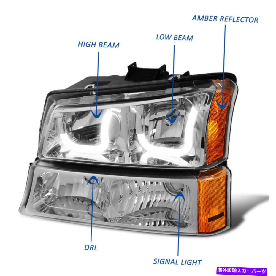 USヘッドライト 03-07 Silverado Avalanche LED J-Haloヘッドライトランプの交換クローム/琥珀色 For 03-07 Silverado Avalanche LED J-Halo Headlight Lamp Replacement Chrome/Amber【並行輸入品】