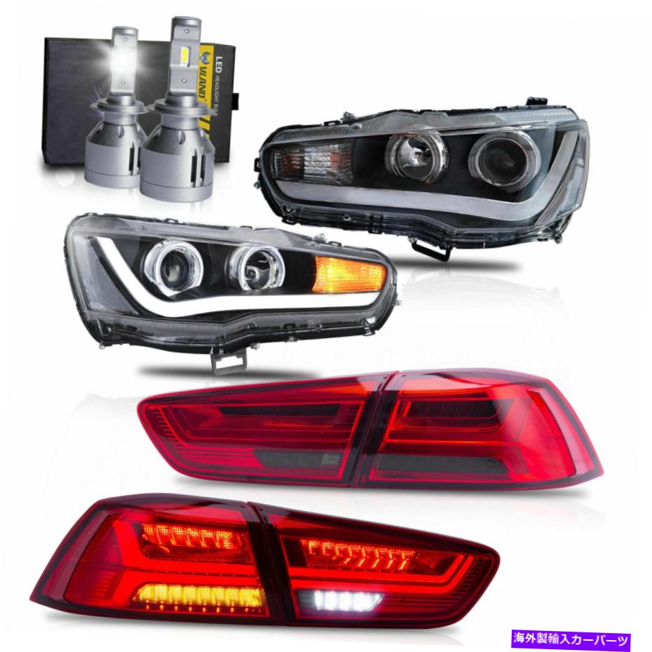 USテールライト LEDヘッドライトW /デュアルビーム+レッドスモークテールライト+ H7 LED電球は08-17ランサー LED Headlights w/DUAL BEAM+RED SMOKED Taillights+H7 LED Bulbs for 08-17 Lancer【並行輸入品】