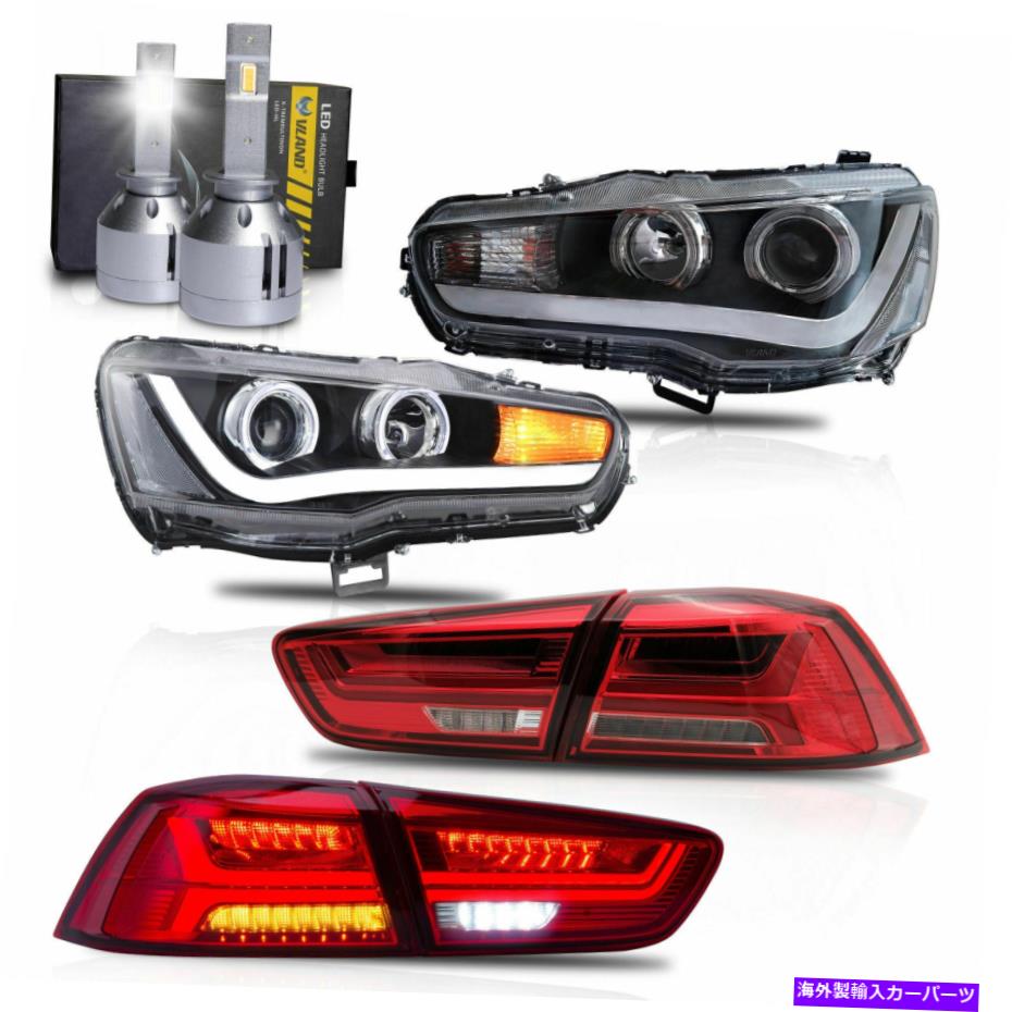 USテールライト LEDヘッドライトW /デュアルビーム+レッドクリアティールライト+ H1 LED電球は08-17ランサー LED Headlights w/DUAL BEAM+RED CLEAR Taillights+H1 LED Bulbs for 08-17 Lancer【並行輸入品】