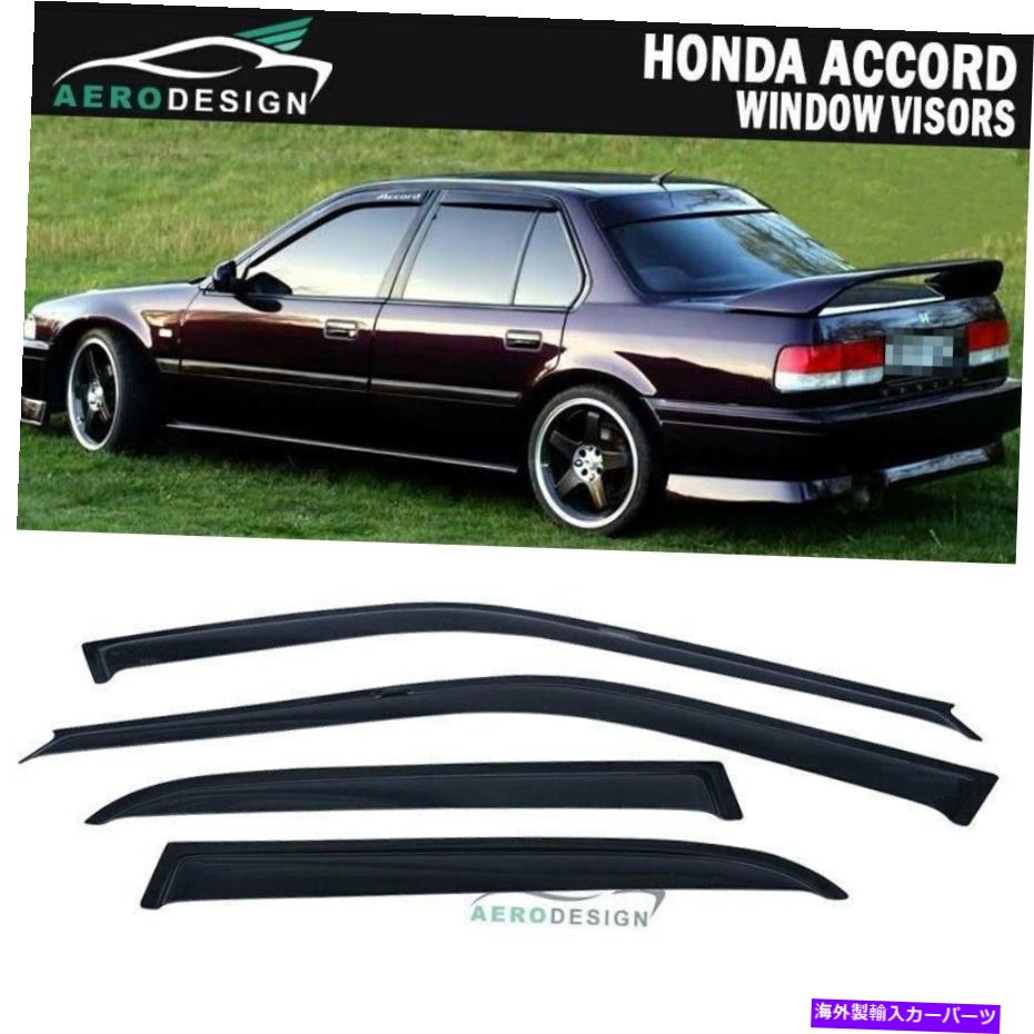ウィンドウバイザー 90-93ホンダアコード4DRウィンドウバイザーダークスモークレインガード付きステッカー For 90-93 Honda Accord 4DR Window Visor Dark Smoke Rain Guard w/ Sticker【並行輸入品】