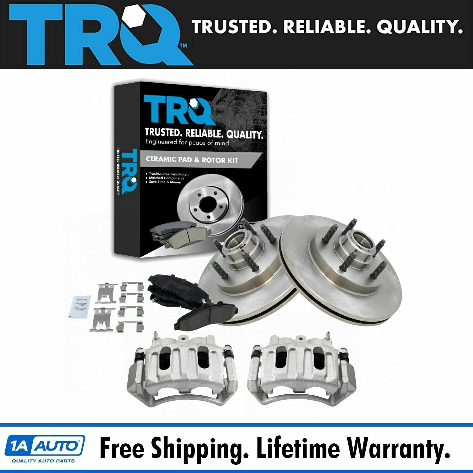 brake disc rotor Ford F-150用のTRQフロントセラミックブレーキパッドローターとキャリパーキット TRQ Front Ceramic Brake Pads Rotors & Calipers Kit for Ford F-150【並行輸入品】