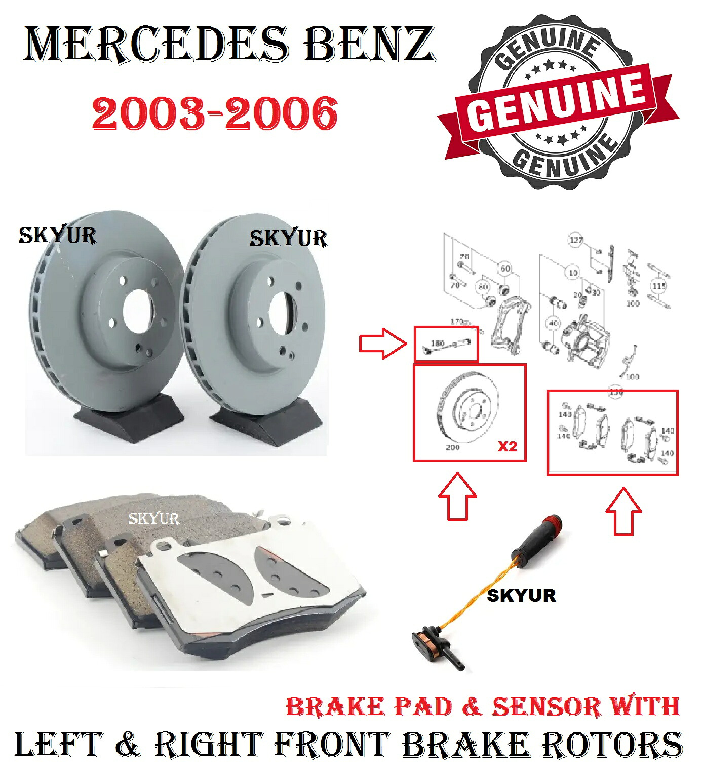 brake disc rotor メルセデスフロント2ディスクブレーキローター付きブレーキパッド＆センサーE350 E500 W211本物 Mercedes Front 2 Disc Brake Rotors w/ Brake Pad & Sensor E350 E500 W211 Genuine【並行輸入品】