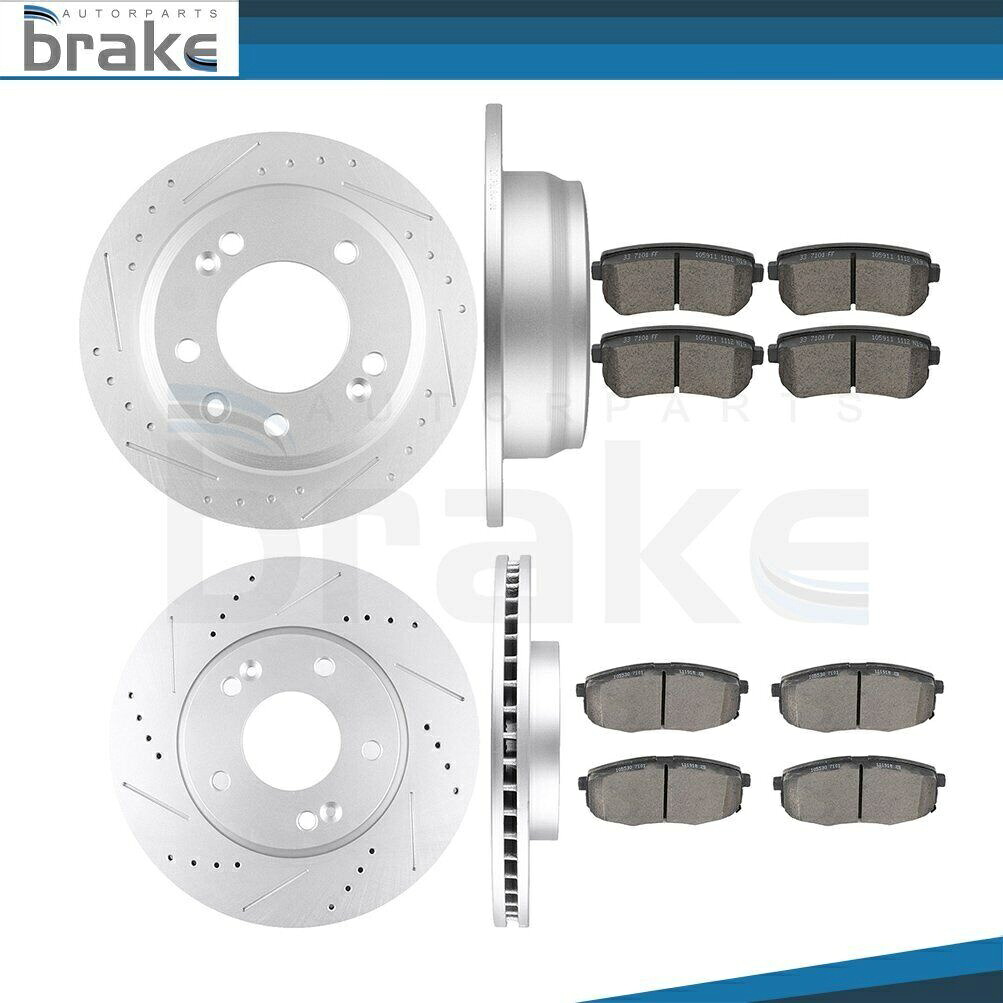 brake disc rotor 11-12のヒュンダイエラントラL4ガスフロントリアドリルスロットブレーキローターセラミックパッド For 11-12 Hyundai Elantra l4 GAS Front Rear Drill Slot Brake Rotors Ceramic Pads【並行輸入品】