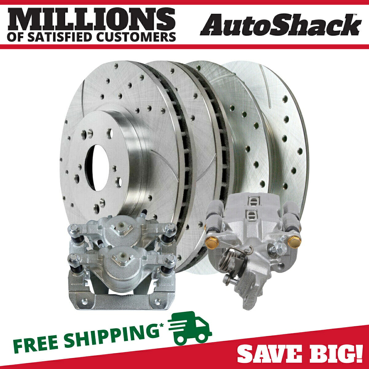 brake disc rotor フロント＆リアブレーキキャリパーとドリルドロットローターシルバーキットホンダアコード Front & Rear Brake Calipers & Drilled Slotted Rotors Silver Kit for Honda Accord【並行輸入品】