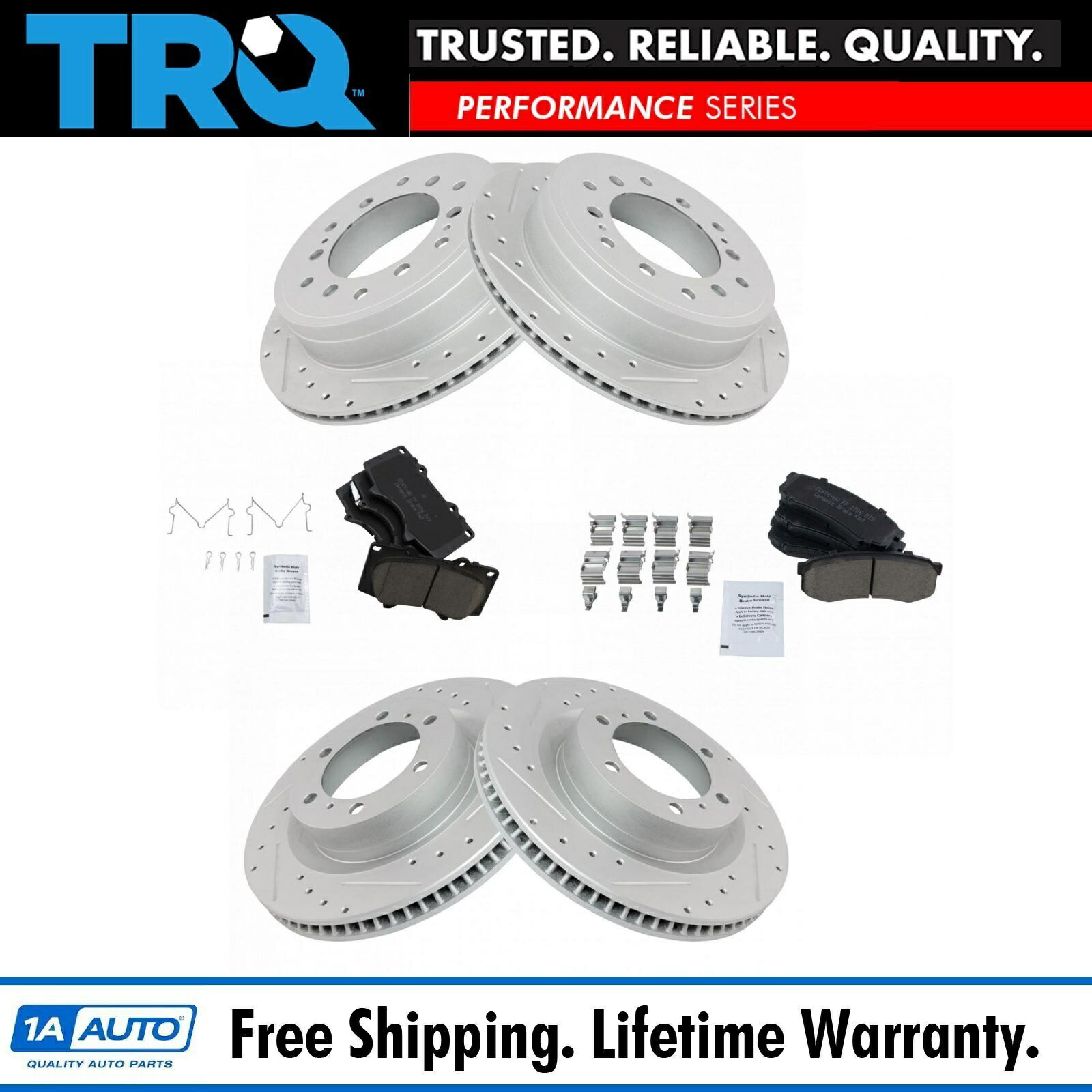 brake disc rotor TRQフロントリアセラミックパッドキット＆パフォーマンスブレーキローターw/化学物質 TRQ Front Rear Ceramic Pad Kit & Performance Brake Rotor w/Chemicals【並行輸入品】