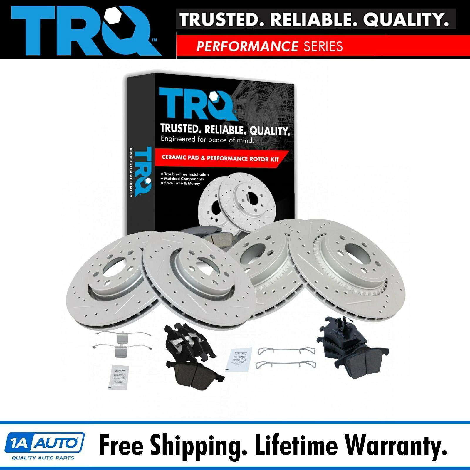 brake disc rotor TRQパフォーマンスドリルドロットブレーキローターとセラミックパッドフロント＆リアキット TRQ Performance Drilled Slotted Brake Rotor & Ceramic Pad Front & Rear Kit【並行輸入品】