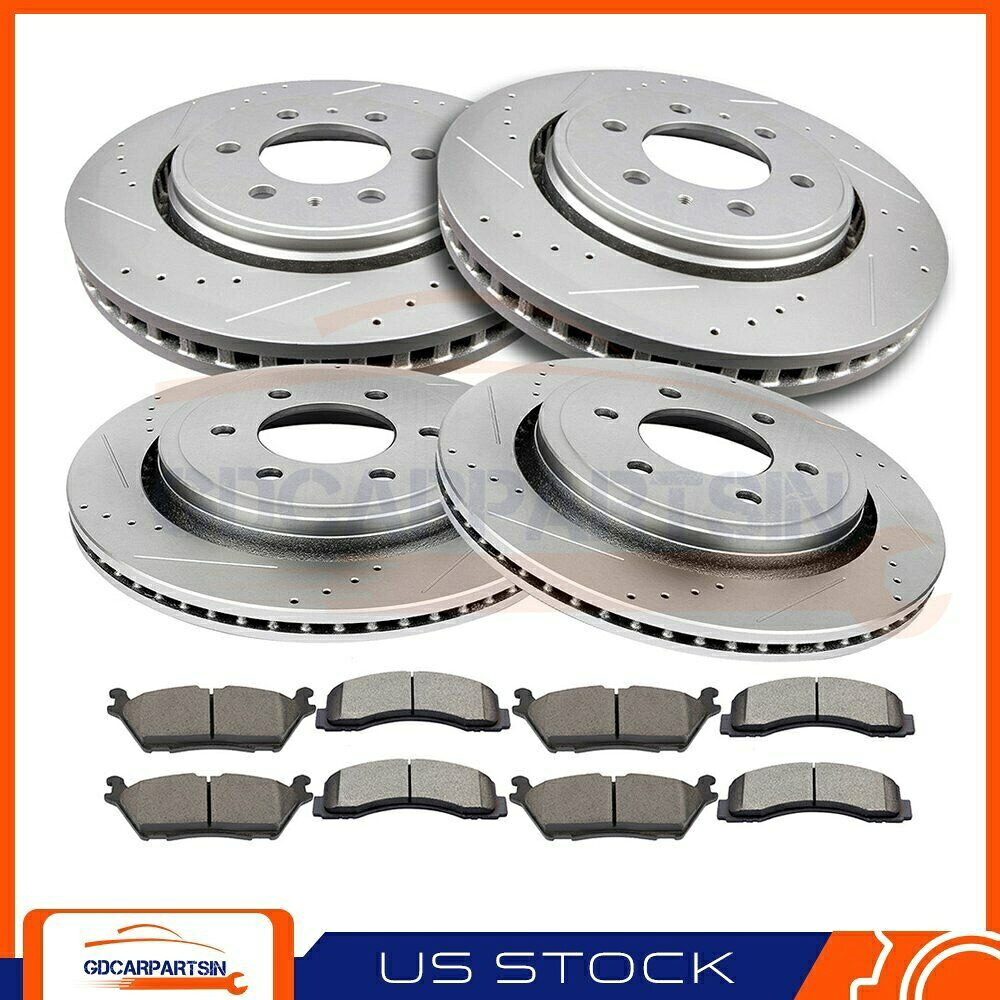 brake disc rotor 2015-2017 Ford F-150用のフロント +リアブレーキローターとセラミックパッドドリルスロット Front + Rear Brake Rotors And Ceramic Pads Drill Slot For 2015-2017 Ford F-150【並行輸入品】