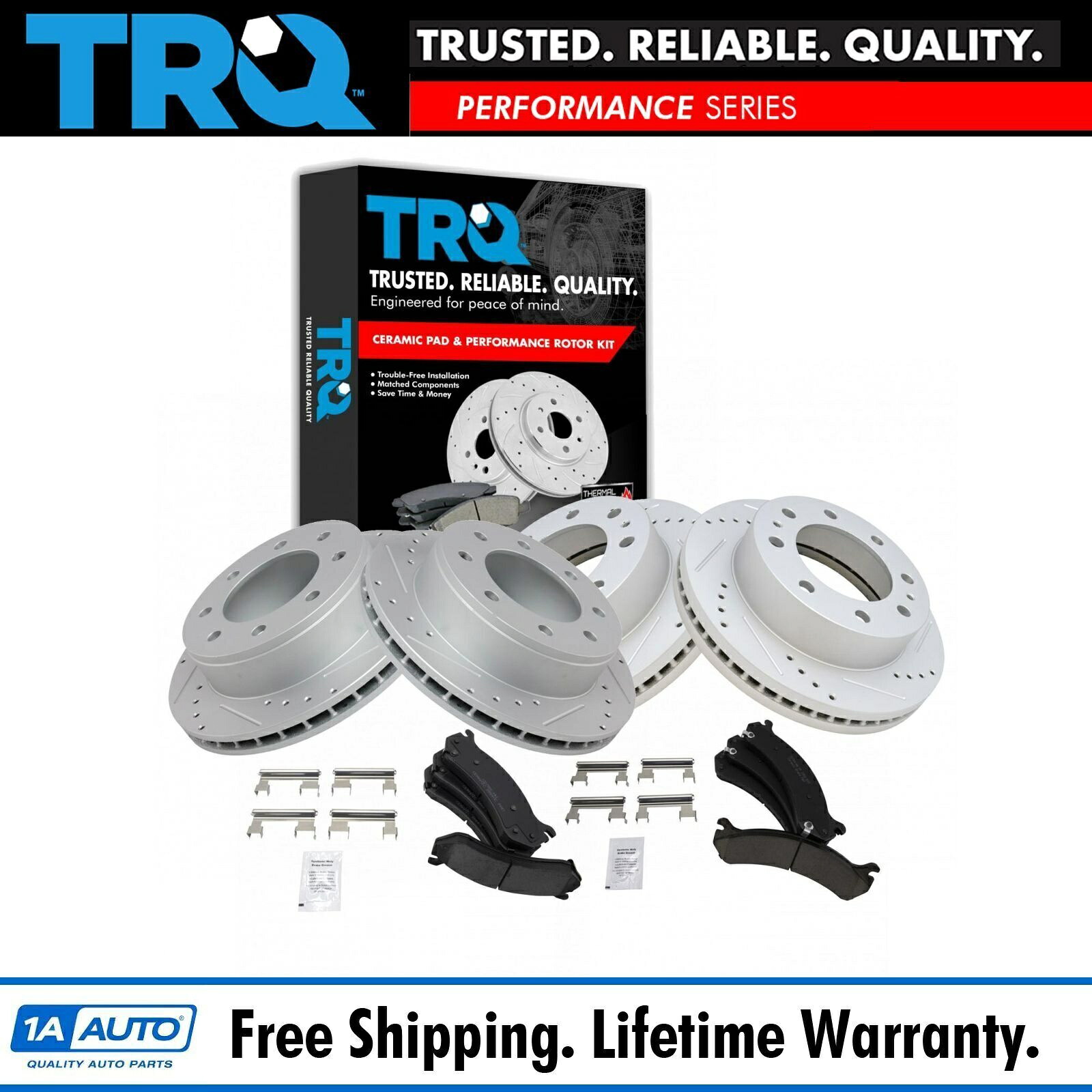 brake disc rotor TRQフロント＆リアパフォーマンスドリルドロットローター＆セラミックブレーキパッドキット TRQ Front & Rear Performance Drilled Slotted Rotor & Ceramic Brake Pad Kit【並行輸入品】｜Us Custom Parts Shop USDM
