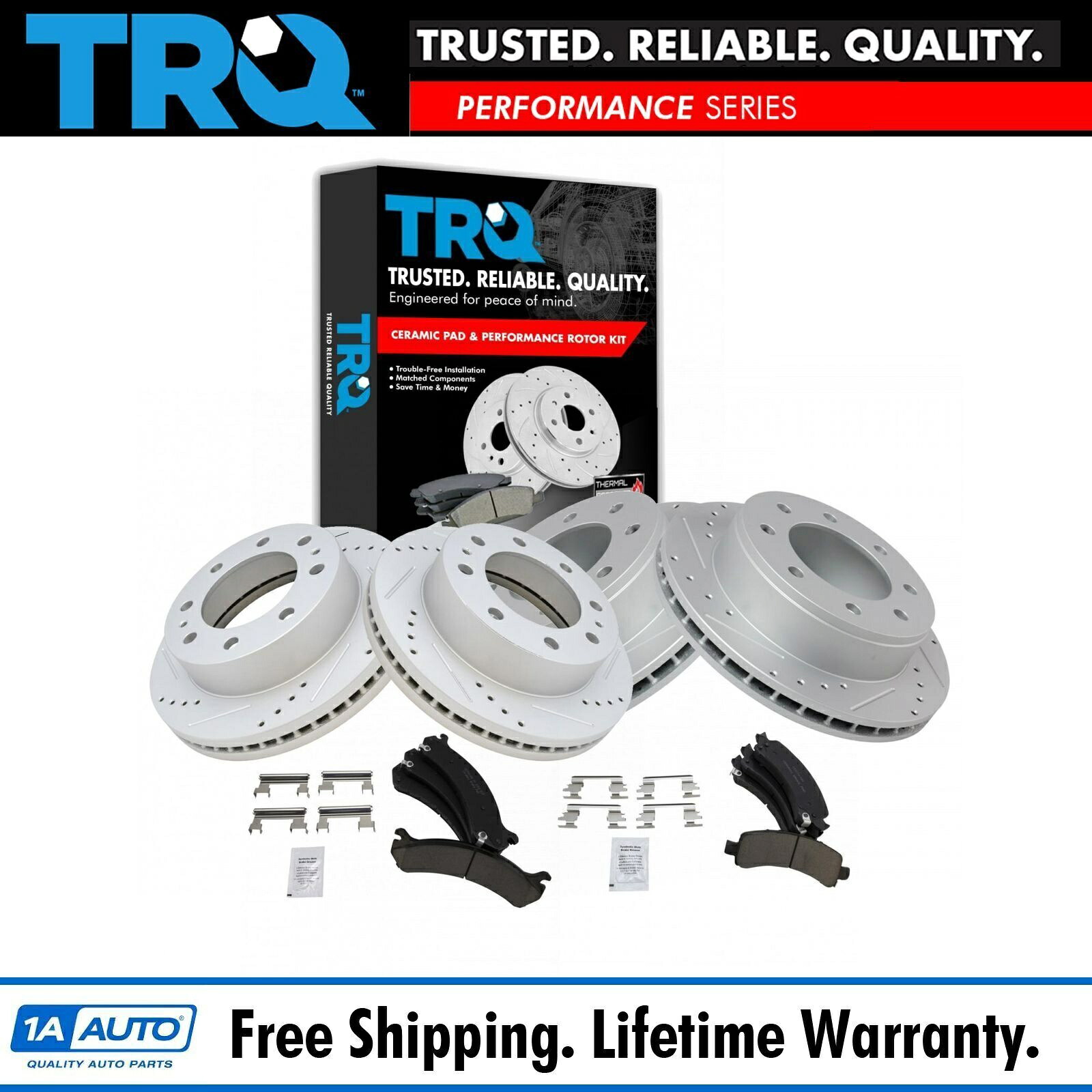 brake disc rotor TRQフロントリアパフォーマンスドリル＆スロットローター＆POSIセラミックブレーキパッドキット TRQ Front Rear Performance Drilled & Slotted Rotor & Posi Ceramic Brake Pad Kit【並行輸入品】