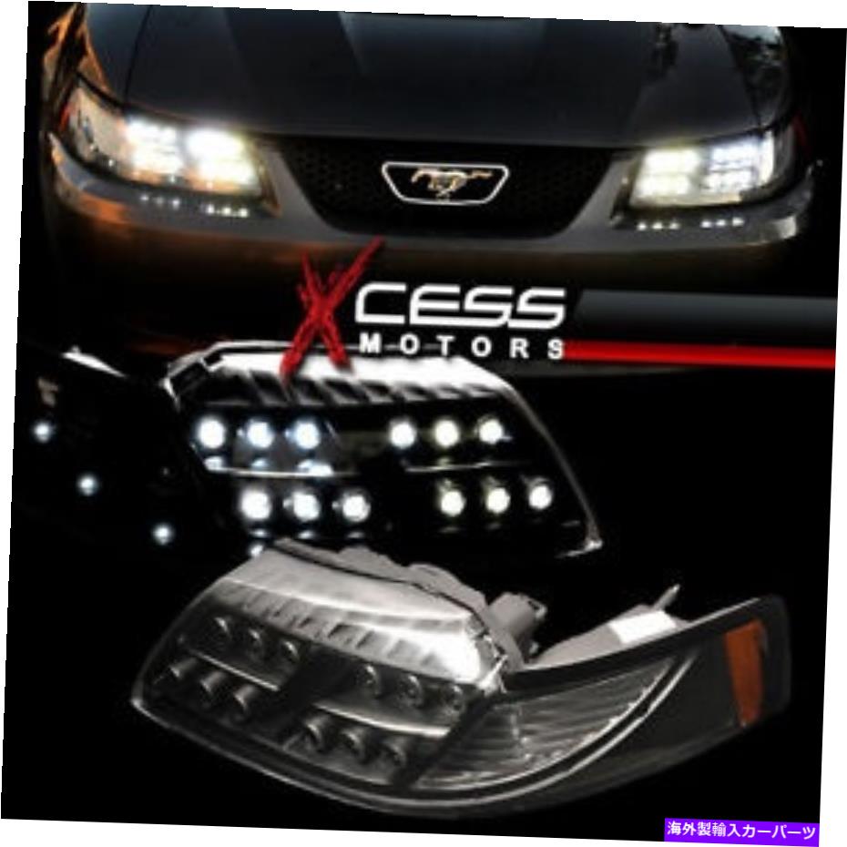 海外製 エアロパーツ フィット99-04フォードマスタングフルハイパワーLEDプロジェクターブラックヘッドライトペア Fits 99-04 Ford Mustang Full High Power LED Projector Black Headlights Pair【並行輸入品】