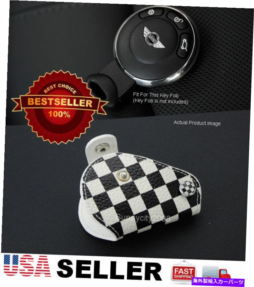 海外製 エアロパーツ 08-13クーパーリモートキーFOBの黒いチェッカー革ホルダーケースチェーンカバー Black Checkered Leather Holder Case Chain Cover For 08-13 Cooper Remote Key Fob【並行輸入品】