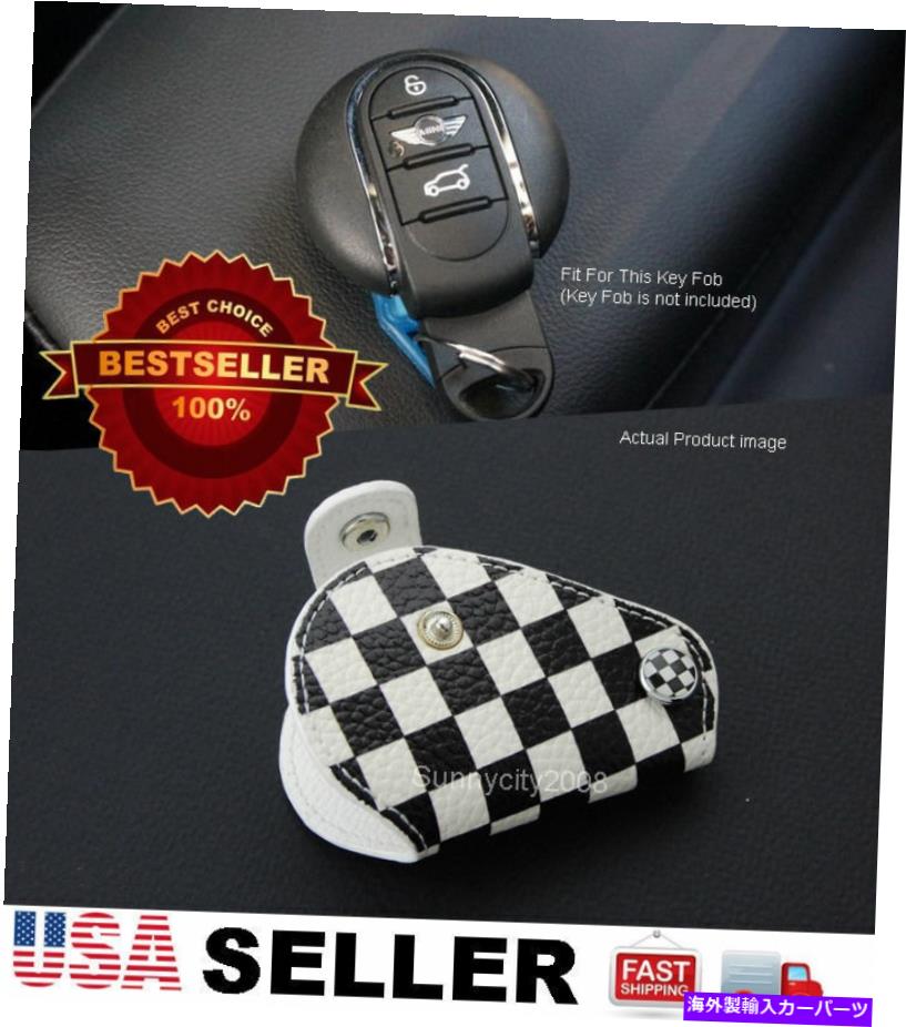 海外製 エアロパーツ 14-16クーパーリモートキーFOBの黒いチェッカーレザーホルダーケースチェーンカバー Black Checkered Leather Holder Case Chain Cover For 14-16 Cooper Remote Key Fob【並行輸入品】