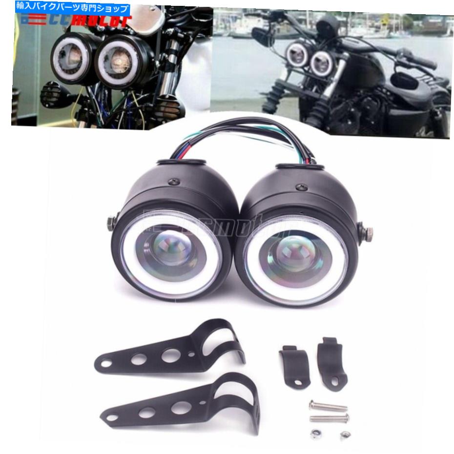 Headlight LED DRLツインヘッドライトオートバイダブルデュアルランプ付きハーレーソフトアイル用ブラケット LED DRL Twin Headlight Motorcycle Double Dual Lamp W/ Bracket For Harley Softail【並行輸入品】