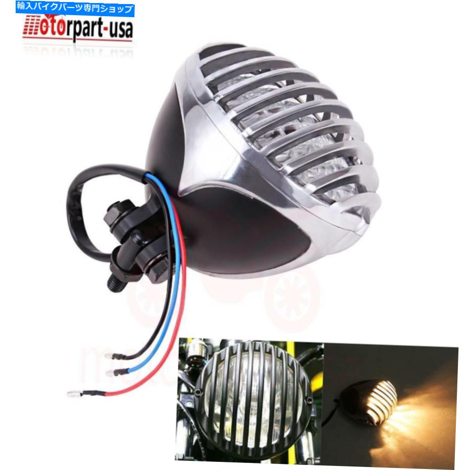 Headlight 12Vブラッククロムオートバイヘッドライトランプフィングリルハーレーボバーカスタム 12V Black Chrome Motorcycle Headlight Lamp Finned Grill For Harley Bobber Custom【並行輸入品】