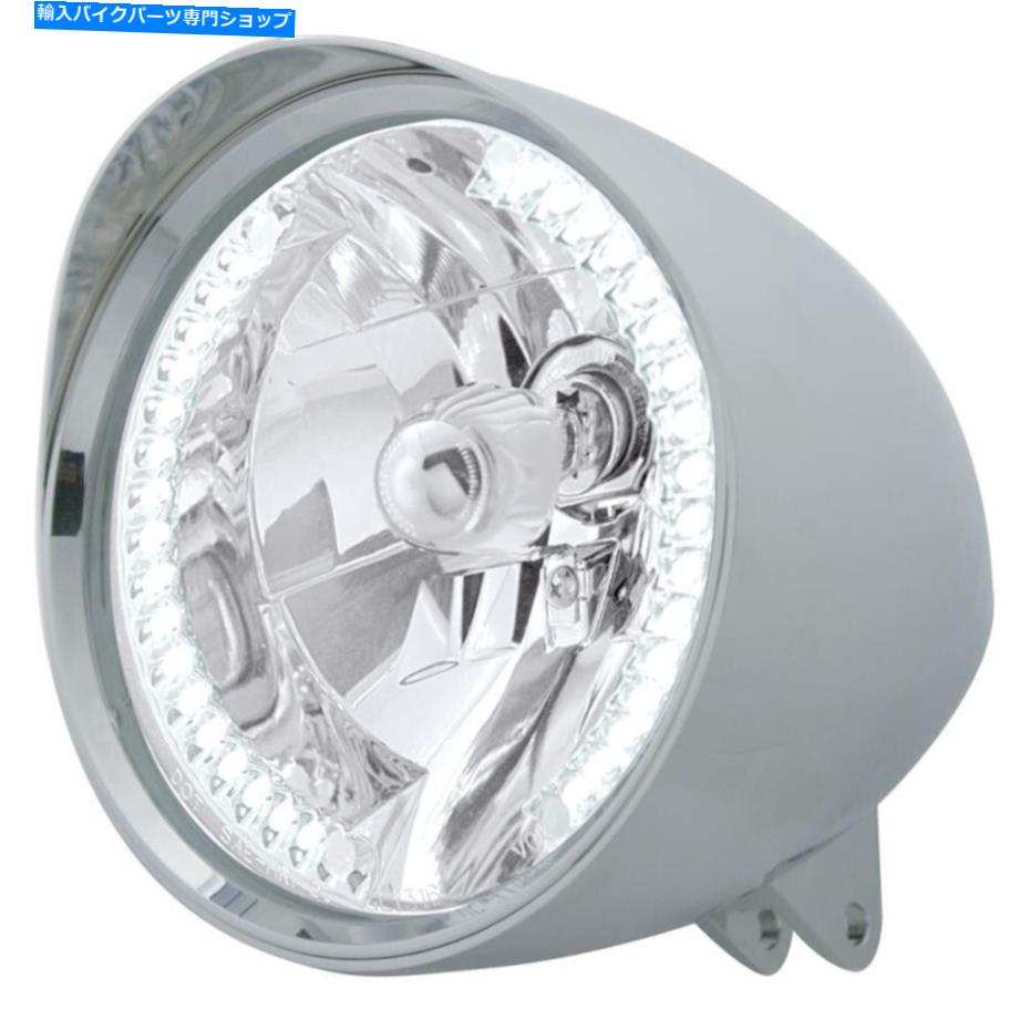 Headlight オートバイクロム「チョッパー」ヘッドライトw/滑らかなバイザーH4バルブw/ 34白いLED Motorcycle Chrome \