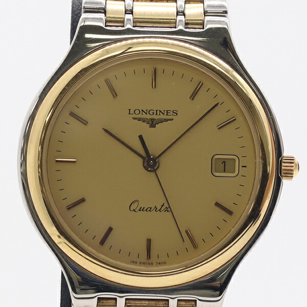 良品 稼動 ロンジン フラッグシップ QZ デイト ゴールド文字盤 メンズ腕時計 0067100 7ERT NAM ABC26034｜USED-TOKYO-NO1